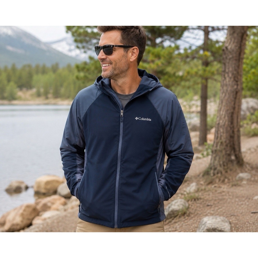Columbia Omni Shield Hooded Jacket Men's Large Navy Blue Full Zip‎ Lightweight